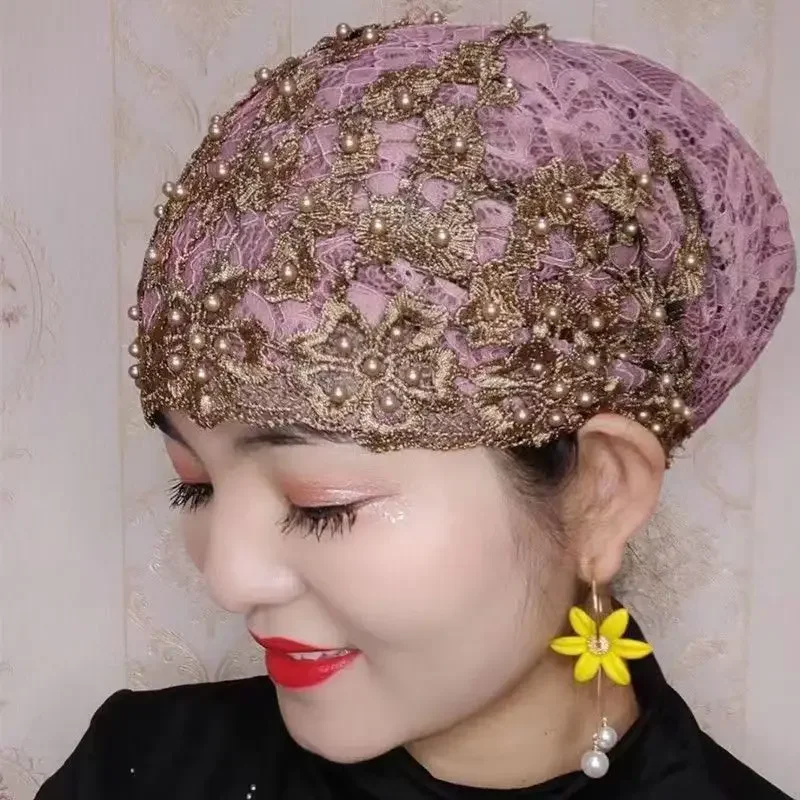Malha rendas miçangas turbante chapéu quimio boné cabeça envoltório muçulmano feminino lenço perda de cabelo gorro interno hijab baggy gorro turbante mujer