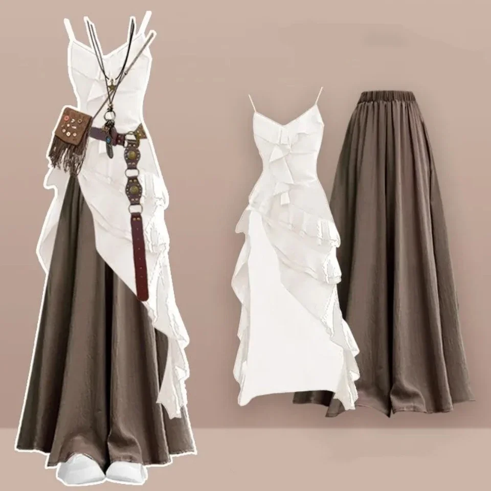 

Новое женское этническое белое асимметричное платье на бретельках с рюшами, юбки, комплект из двух предметов, женские летние платья без рукавов, юбка, наряды 2025