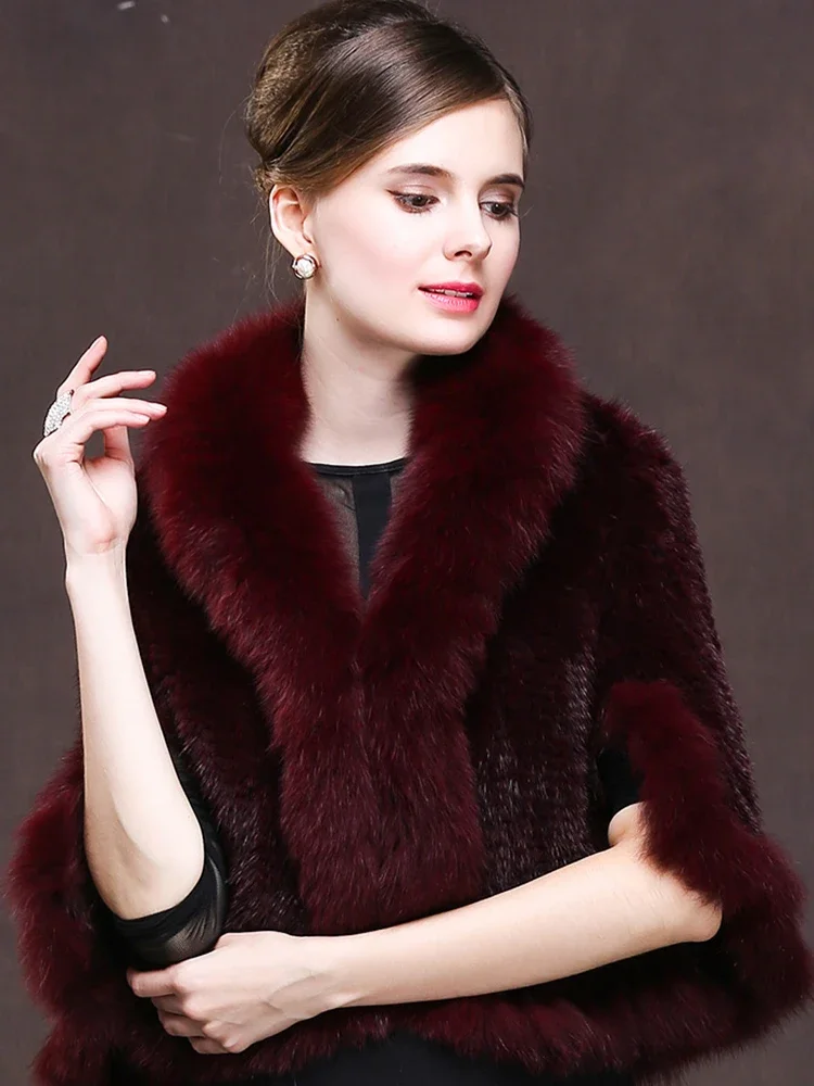 Autumn Winter Genuine Knitted Mink Fur Shawls Fox Fur Collar Women Fur Pashmina Wraps Bridal Cape Coat Jacket