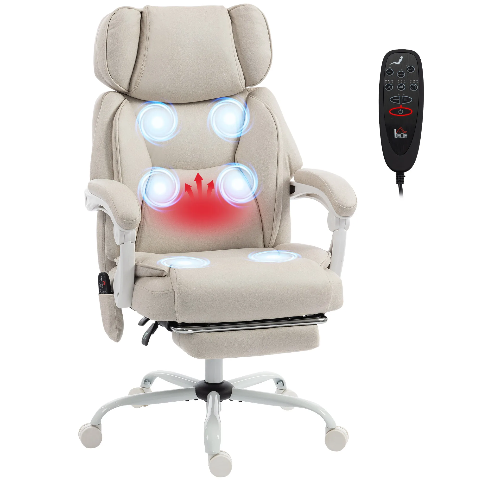 Chaise de bureau à dossier haut avec massage par vibration et chauffage, ergonomique, inclinable, avec repose-pieds, blanc crème
