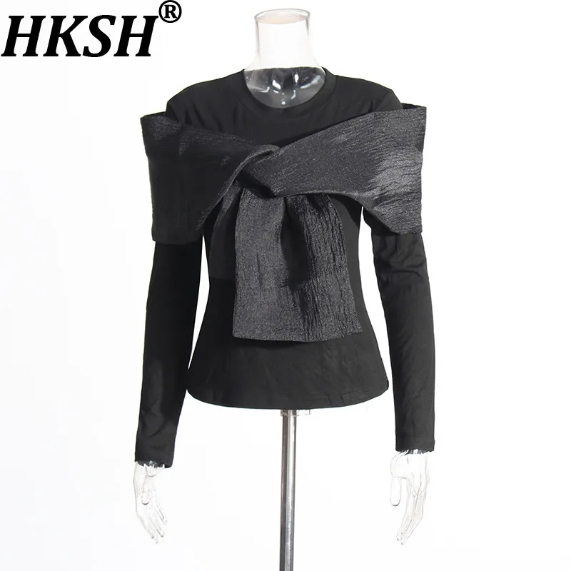 

HKSH Autumn New Women Fashion Streetwear Casual Tide T-shirt Niche Round Neck Long Sleeve Patchwork Unique Cross Bow Tops HK9434