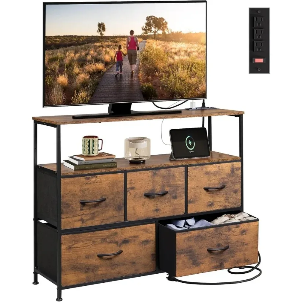 TV Stand for Bedroom Decor with Power Outlet, Chest of Drawers Fabric Dressers with Open Shelves for 45 inch TV