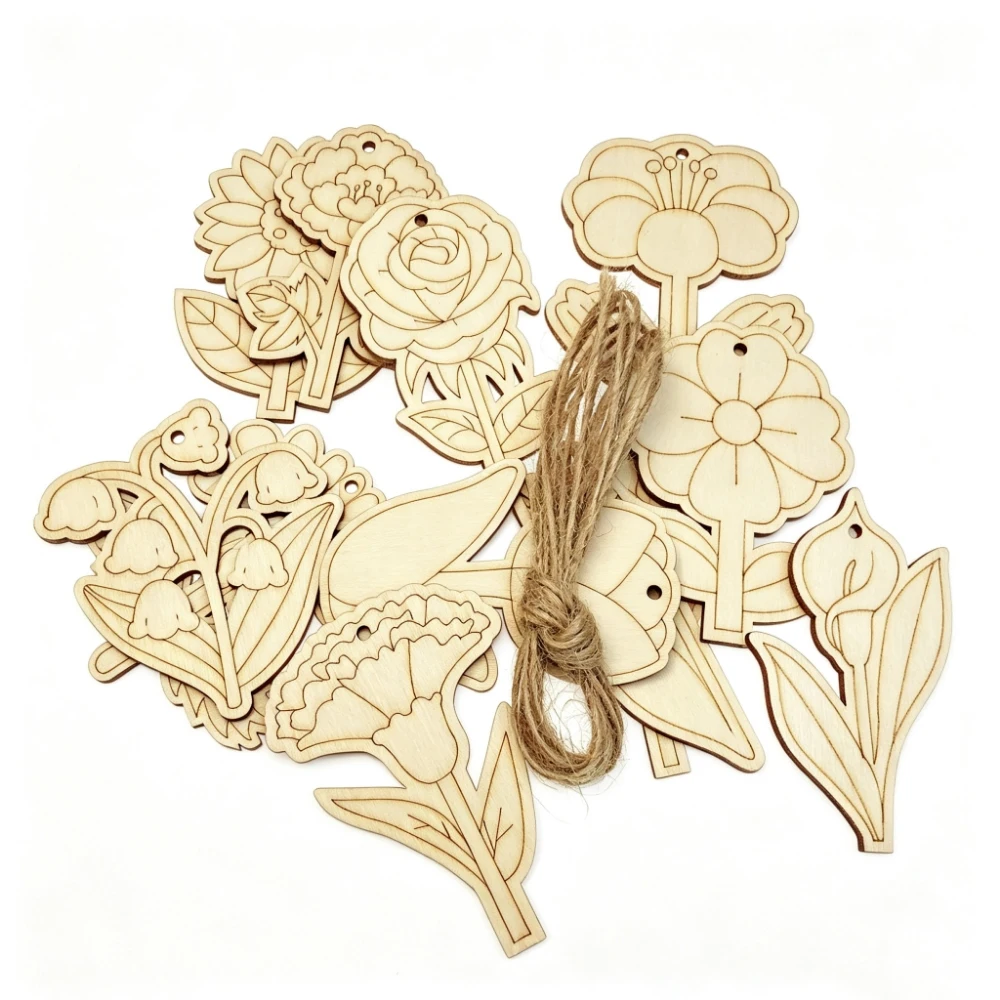 40MM 50MM 70MM Wood Flowers Cutouts Spring Summer Daisy Tulip Sunflower Narcissus Rose Blank Slices Wood DIY Crafts