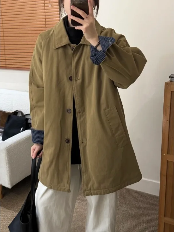 Ladies Cotton Jaet Windbreaker Mid-Length Thiened Retro Sle Commute Friendly Pure Color Autumn Winter New Arrival