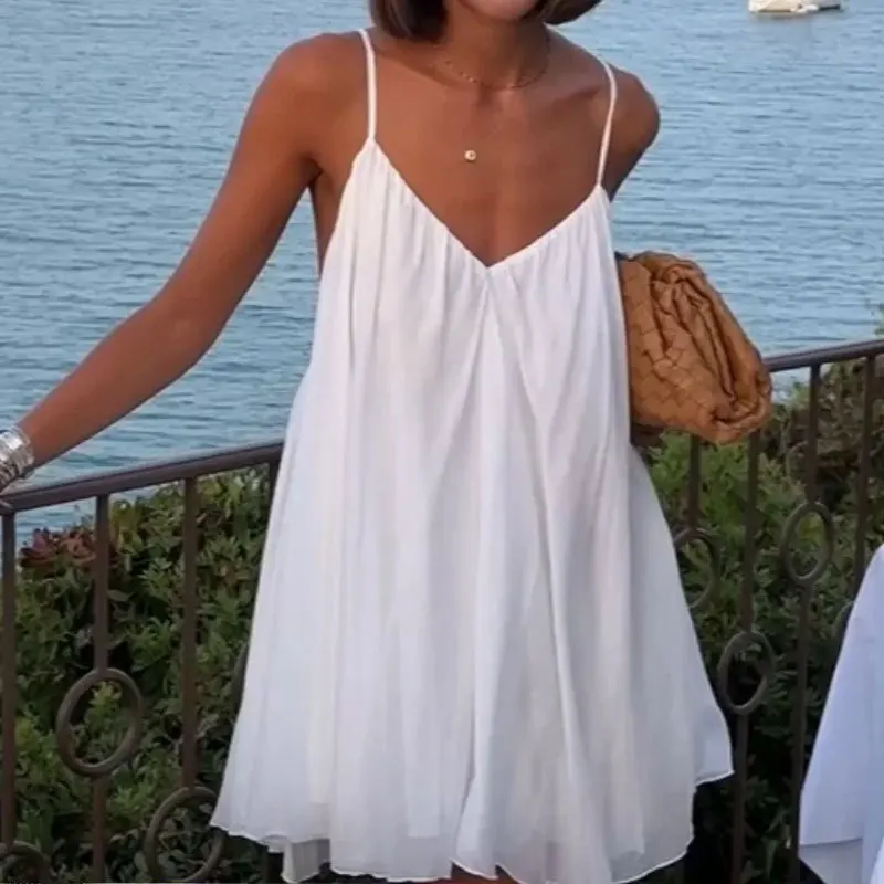 Robe courte de printemps pour femmes, Style couleur unie, col en v, dos nu, bretelles amples, 2025