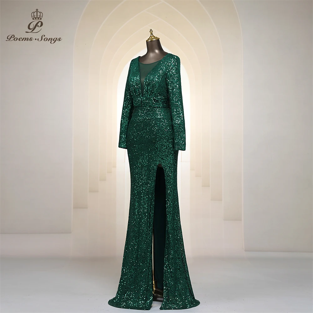 Sexy Deep V_Neck long sleeve Sequin Evening Dress vestido de festa prom gowns Formal Party dress  robe de soiree Maxi dress