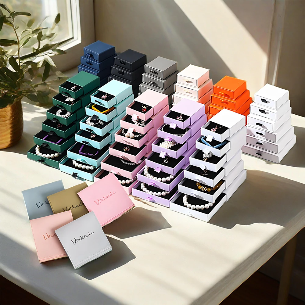 

Luxury Custom Logo Slide Cardboard Paper Wedding Gift Jewellery Box Drawer Jewelry Packaging Boxes With Suede Envelope Pouch Bag