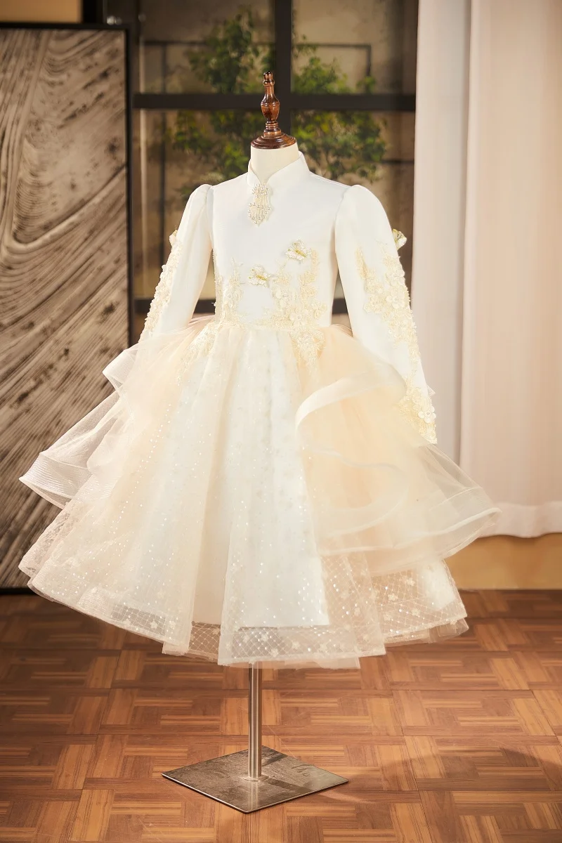 Красивое элитное платье с длинными рукавами для девочек для игры на фортепиано, роскошное нишевое платье принцессы для девочек на 10-летие