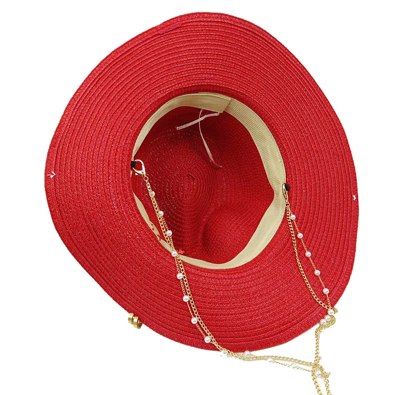 Personalized hat straw hat pearl chain DIY jazz hat sun hat new letter hat beach hat men\'s and women\'s punk hat candy color