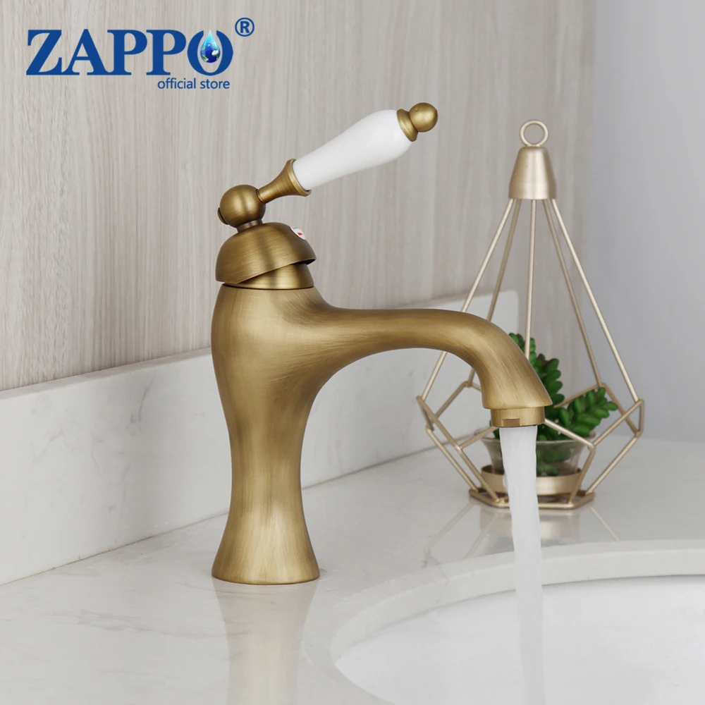 ZAPPO Antique Brass  Bathroom Basin Sink Faucet Hot Cold Mixer Deck Mounted Crane Basin Faucet Water Column Fuacets Mixer