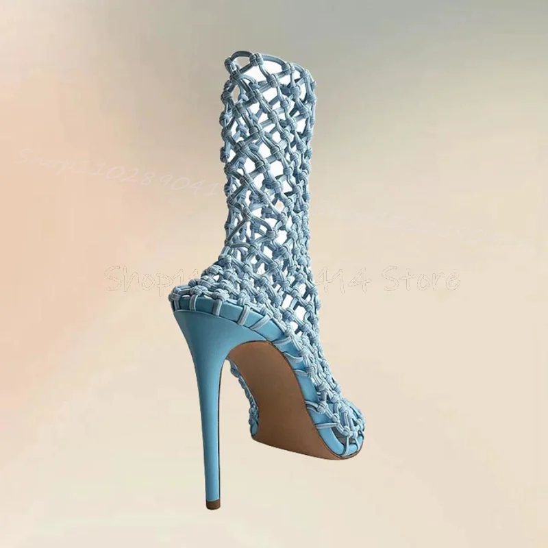 

Sky Blue Hollow Knitted Design Sandals Boots Slip On Women Shoes Thin High Heels Fashion Party Banquet 2026 Zapatos Para Mujere