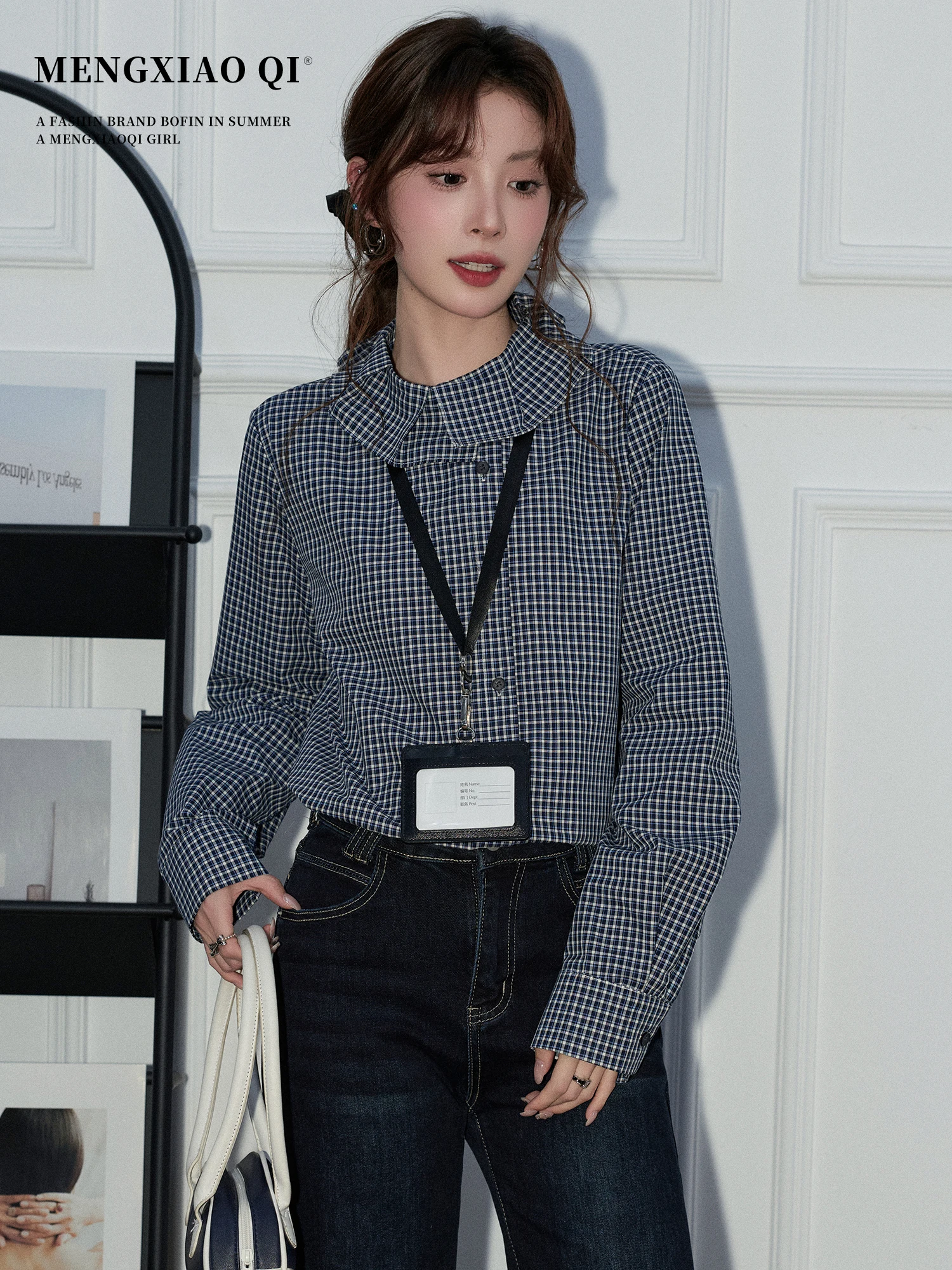 

Ретро-рубашка в клетку с длинным рукавом, женская, с кружевным воротником, приталенная, дышащая, комфортная, весенняя модная новинка