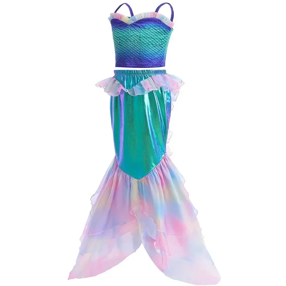 Girls Mermaid Swimsuit Little Mermaid Tails Beach Cloth Dress+Top 2 Pcs Ariel Cosplay Bathing Party Children Halloween Clothes