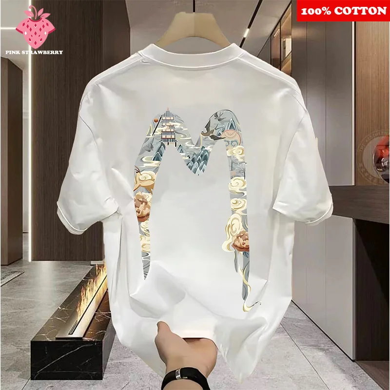 

Chinese style M Letter Print T-shirt Men Summer 2025 New 100% Cotton Short sleeve Street White Tee Y2k Tops Youth Men clothing