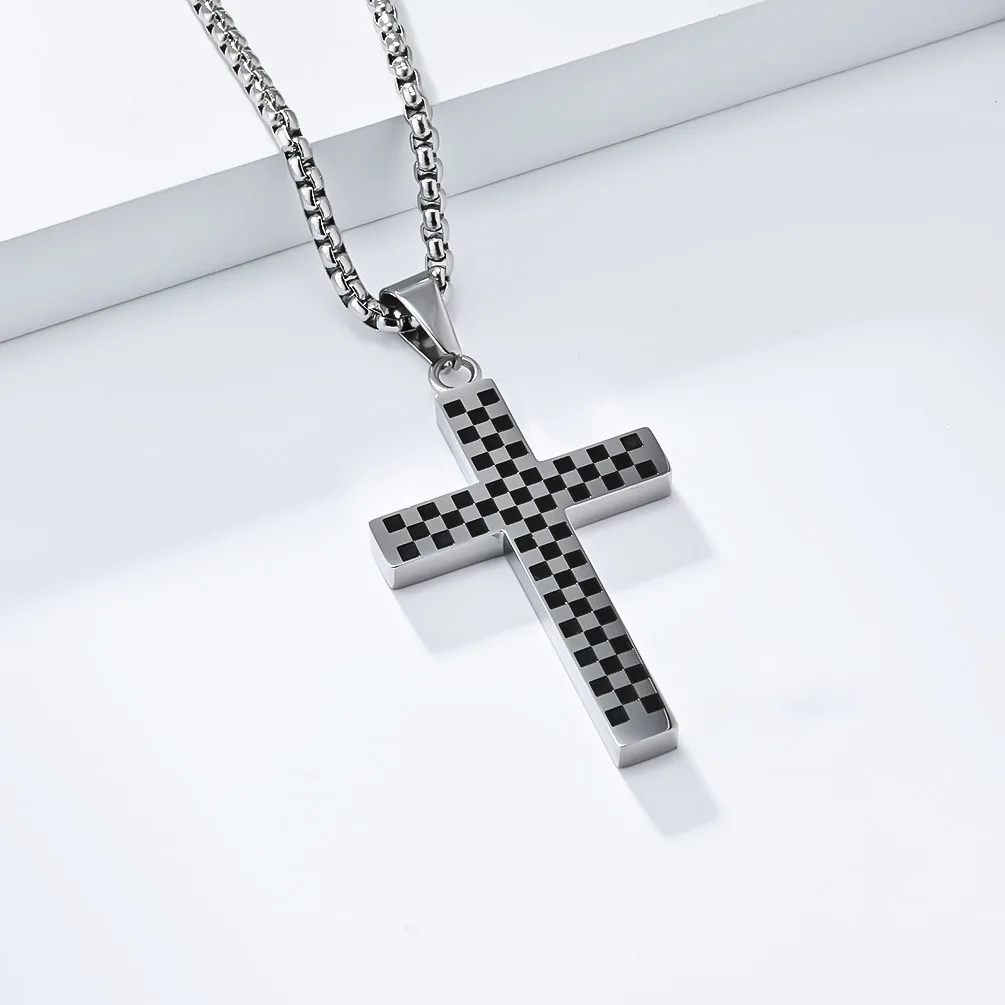 New Black and White Checkered Titanium Steel Cross Necklace for men Personality Fashion Trend Daily Accessories Jewelry Gift