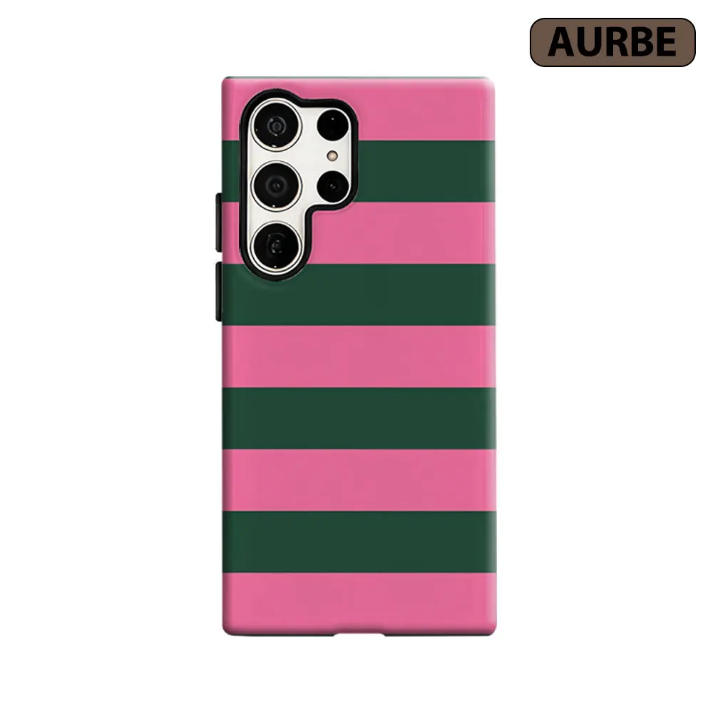 Aurbe Phone Case For Samsung Galaxy S26 S25 S24 S23 Ultra Plus HD Hard Retro Pink & Green Stripes Double Layer Film Cover