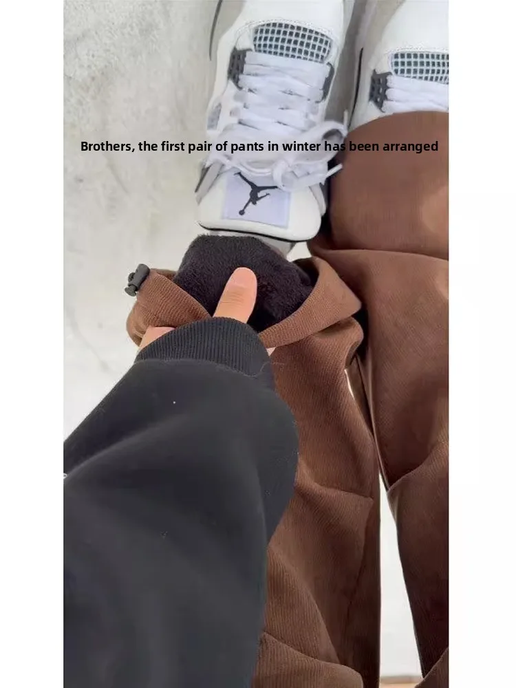 

Thiened Brown Corduroy Pants Men's Autumn Winter Fce Lined Wide Leg Straight Cut Jeans Wear Resistant Trousers for Youth