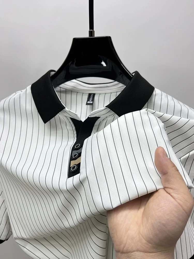 2024 trendy brand Ice Silk striped short sleeved POLO shirt men summer new fashion lapel casual T-shirt comfortable and cool top