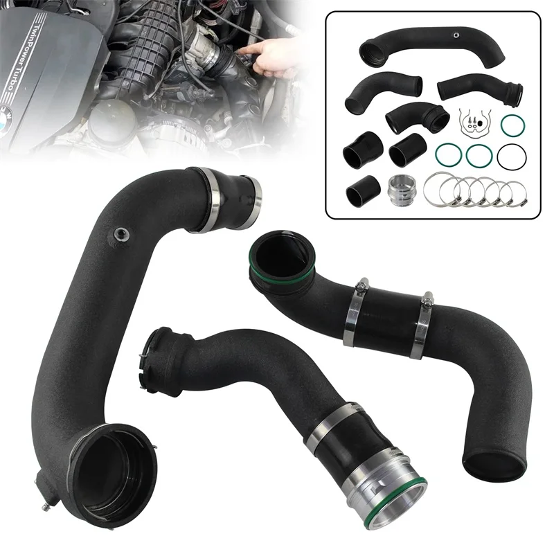Super Charge Pipe Kit For BMW N55 E8X E9X E82 E88 E90 E91 E93 135i 335i 1-Series 3.0 Turbo 2006-2015 Black/Red Wrinkle Aluminum
