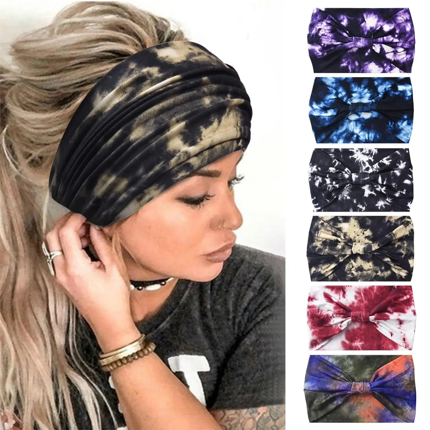 Wide Headbands For Women Non Slip Boho Headbands Elastic Tie dye Headbands Yoga Workout Sweat Bands Running Sport Hair Bands