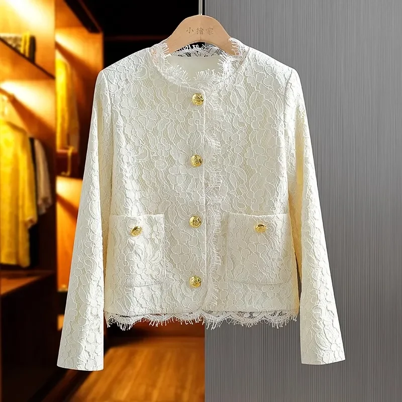 Spring Autumn French lace coat women 2024 new fashion loose casual tops temperament elegant button pure colour jacket female