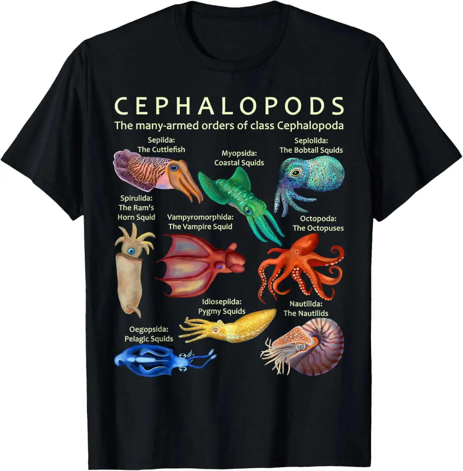 

Футболка «Кефалоногие, осьминог, кальмар, каракатица и Наутилус»