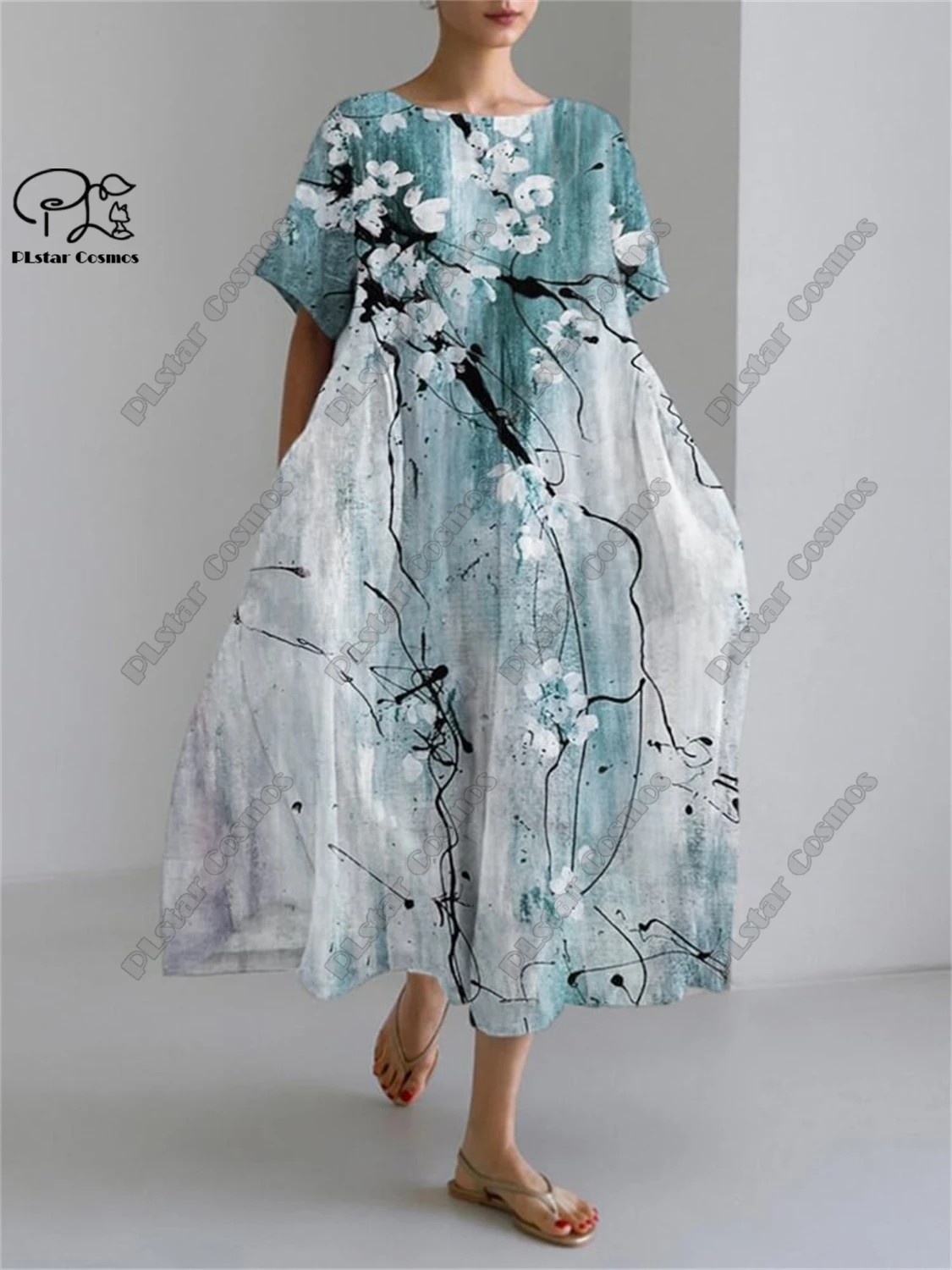 Plstar cosmos 3d impresso retro floral feminino manga curta em torno do pescoço vestido verão casual férias estilo rua série 10