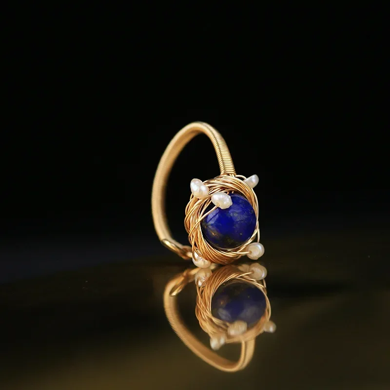 Cincin Vintage model Korea, perhiasan cincin mutiara anak perempuan, tempramen, mata biru, Lilitan, cincin Vintage bisa disesuaikan, gaya Korea, baru, buatan tangan