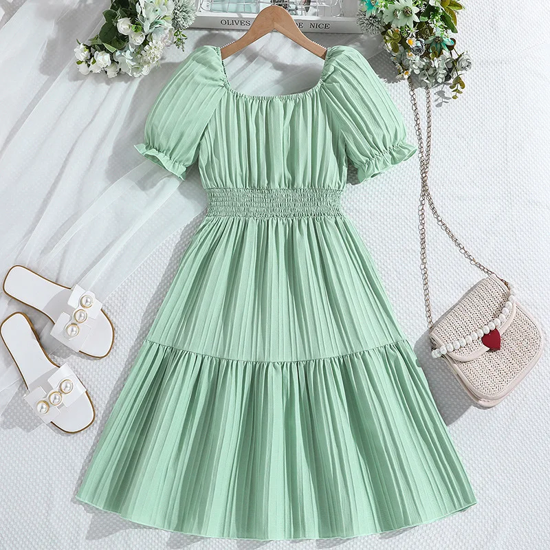 

2024 Summer New Arrival Girls Short Puff Sleeve Ruched Ruffles Light Green Roupa Infantil Menina Cute Party Dress Custume 8-12T