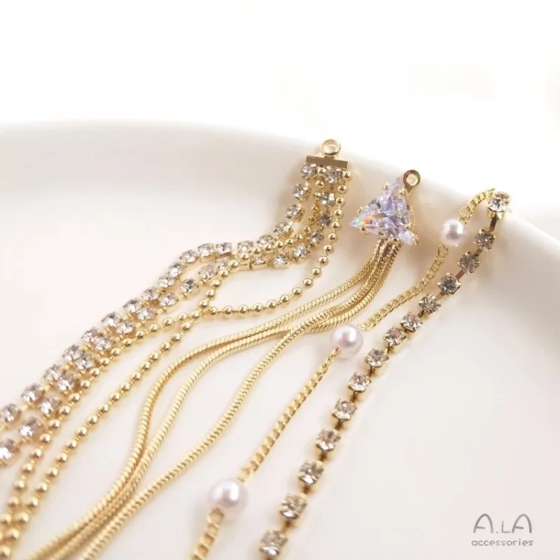 14K Bag Of Real Gold Zircon Pearl Claw Chain Bead Chain Fringed Earrings DIY Handmade Earrings Stud Earrings Jewelry Pendant