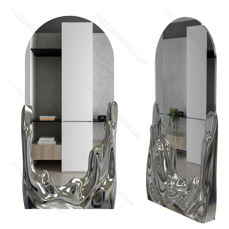 Modern Wall Decoration Fiberglass Plastic Frame Floor Mirror Hotel Artistic Silver Arched Full-length Mirror