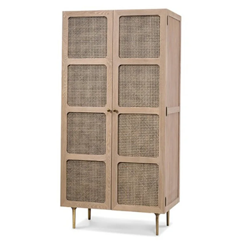 Nordic light luxury solid wood braided rattan double door wardrobe modern simple household log color old storage coat cabinet