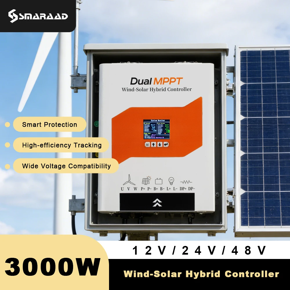 3000W 3KW Dual MPPT Wind Solar Hybrid Charge Controller 12V 24V 48V Auto Voltage LCD Display Off Grid Power Regulator CE Certifi