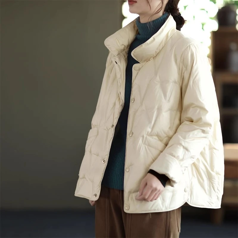 Women's Fashion Stand Collar Thick Warm Cotton Padded Jacket Pleated Light Down Cotton Padded Jacket Coat Single Breasted Female