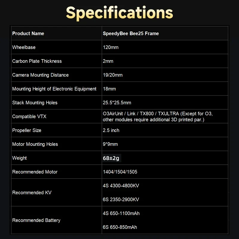 SpeedyBee Bee25 Drohnenrahmen-KIT 2,5 Zoll PRO/LITE EXT Wireless Tuning für O3 Air Unit/Link/Vista VTX RC FPV Drone Quadcopter