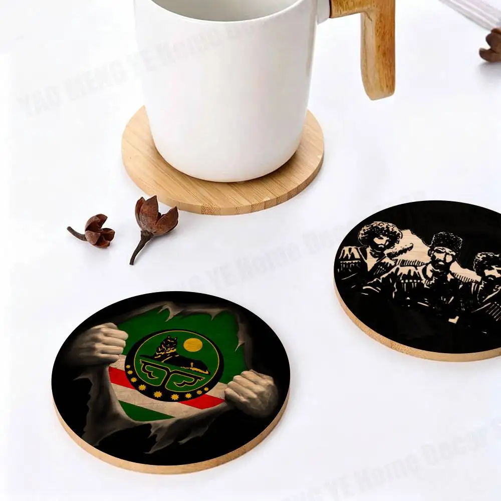 

Chechen National Flag Wooden Coaster Round Anti-Scald Anti-Slip Properties for Home Use Tabletop Coffee shop Decor