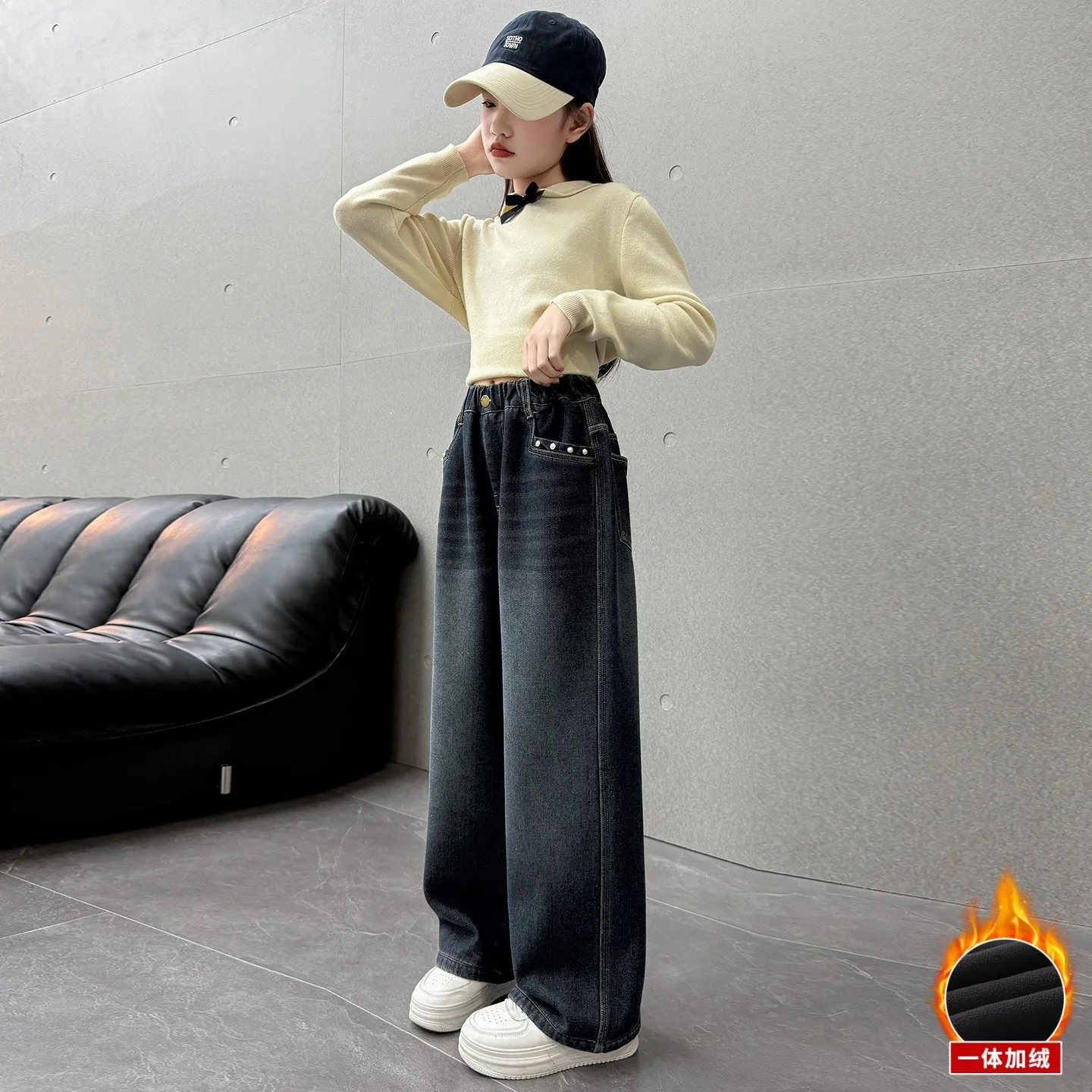 الفتيات موضة الديكور جيب الشتاء الدافئة الدنيم السراويل 2026 جديد الأطفال معزول الجينز للأطفال صوف مبطن الجينز بنطلون #6