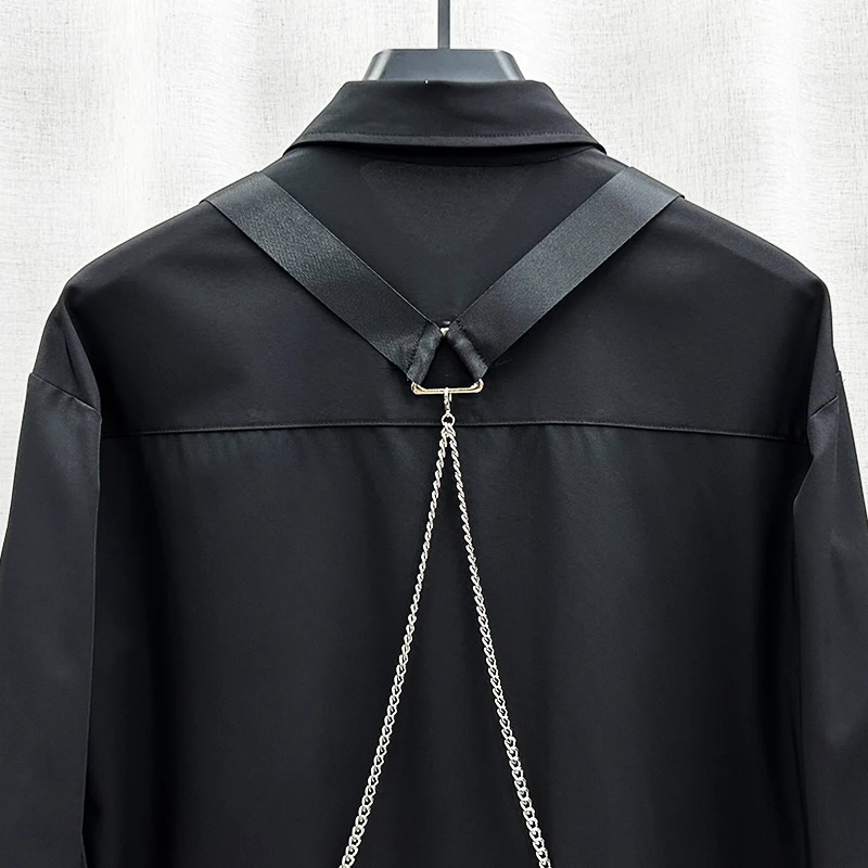 2025 New High-End Japanese Fashion Trend Chain Long Sleeve Shirt Men Trendy Ins Functional Workwear Loose Turn-Down Collar Shirt