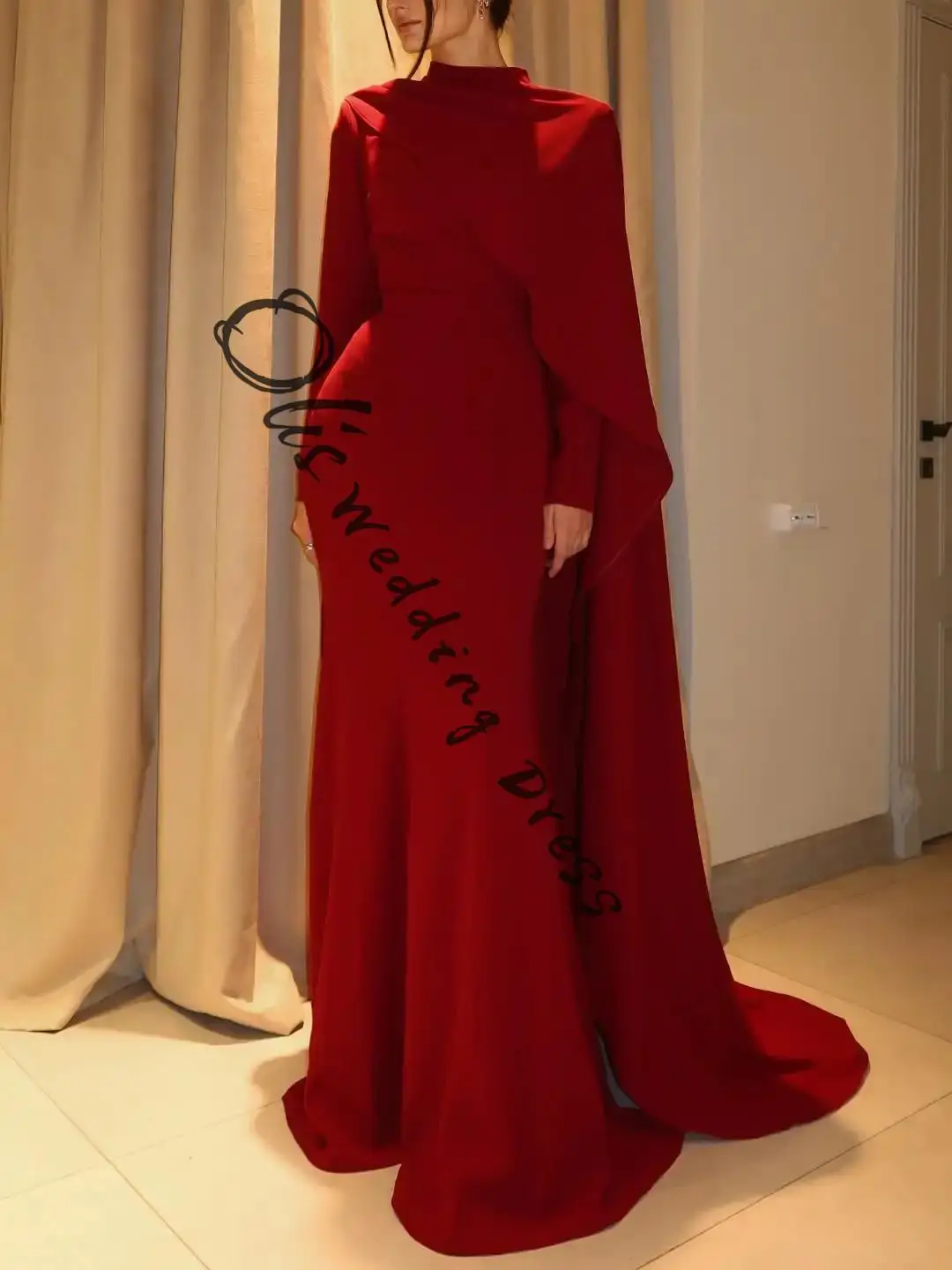 customized Mermaid Long Sleeves Prom Dresses High Neck Floor Length Pleated Party Dresses Evening Dresses
