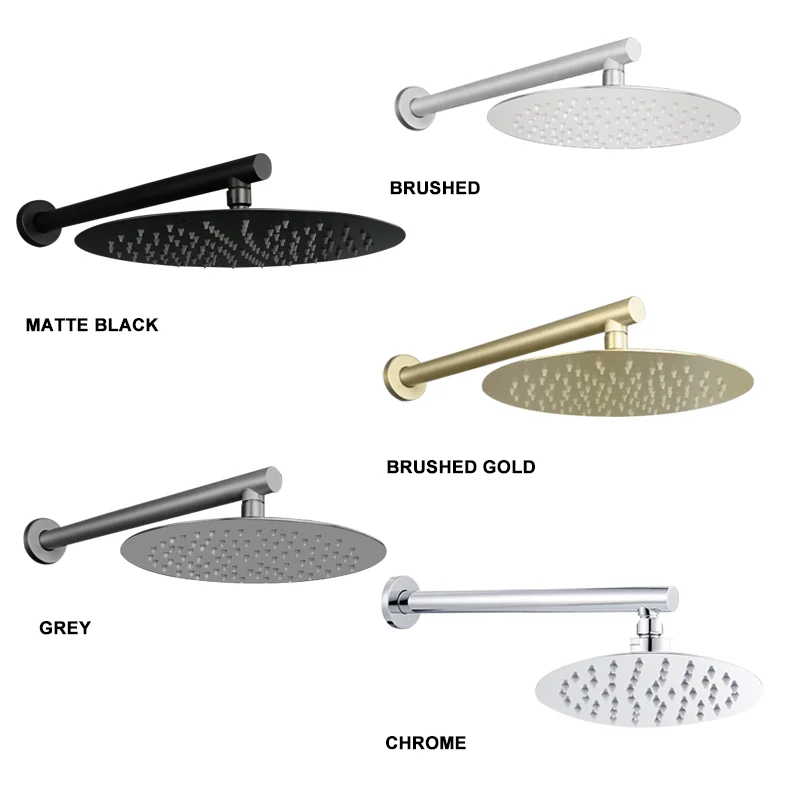 

Brushed Gold Black Chrome Grey Overhead Shower Head Shower Arm Big Round Stainless Steel 8/10/12 Inch Rain Shower Indoor Outdoor