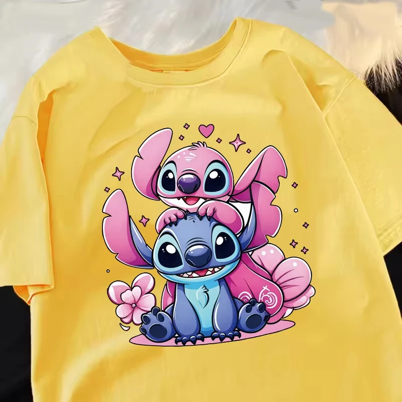 

Disney Stitch Cute Love Heart T Shirt Vintage Women's Men Cotton Tee Unisex Short Sleeve Oversized Couple Tops O-Neck Streetwear