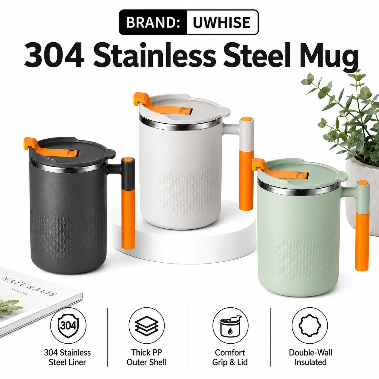 Uwhise 450ml Stainless Steel Coffee Mug With Lid Double Wall Insulated Water Cup For Office Work Hot Drinks Anti Scald Desk Cup