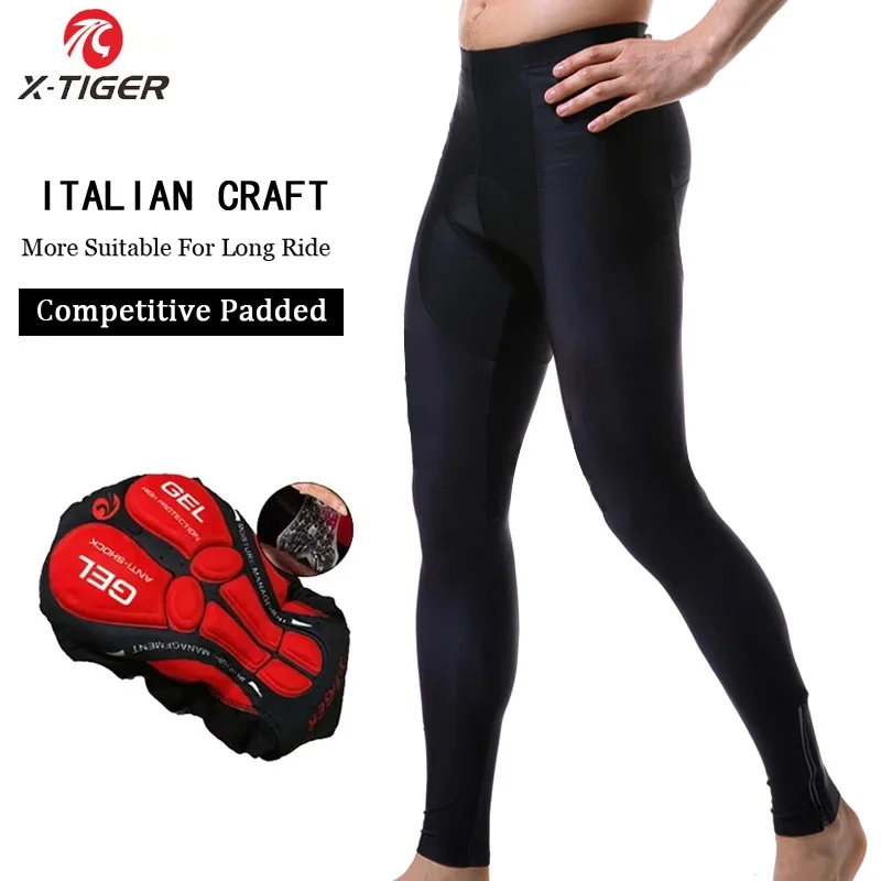 X-TIGER Bike Pants Mens 5D Gel Padded Cycling Tights Full Length Coolmax Breathable Leggings Elastic Waistband Reflective Zipper