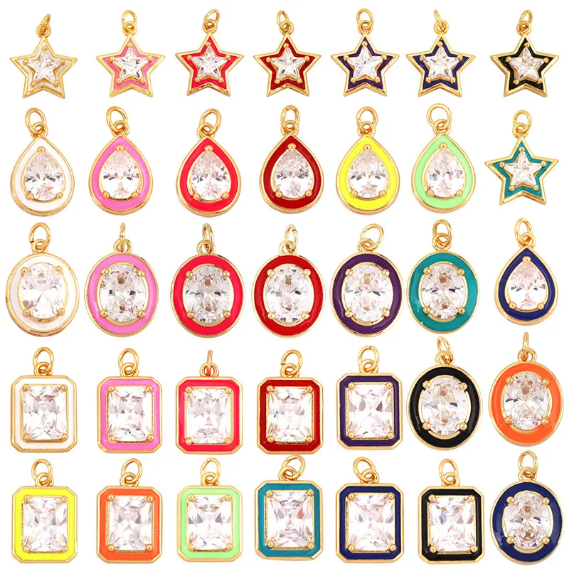 Colorful Enamel Edge Zircon Charm Pendants Star Teardrop Square Shape Gold Plated Charms for DIY Necklace Bracelet Jewelry Makin
