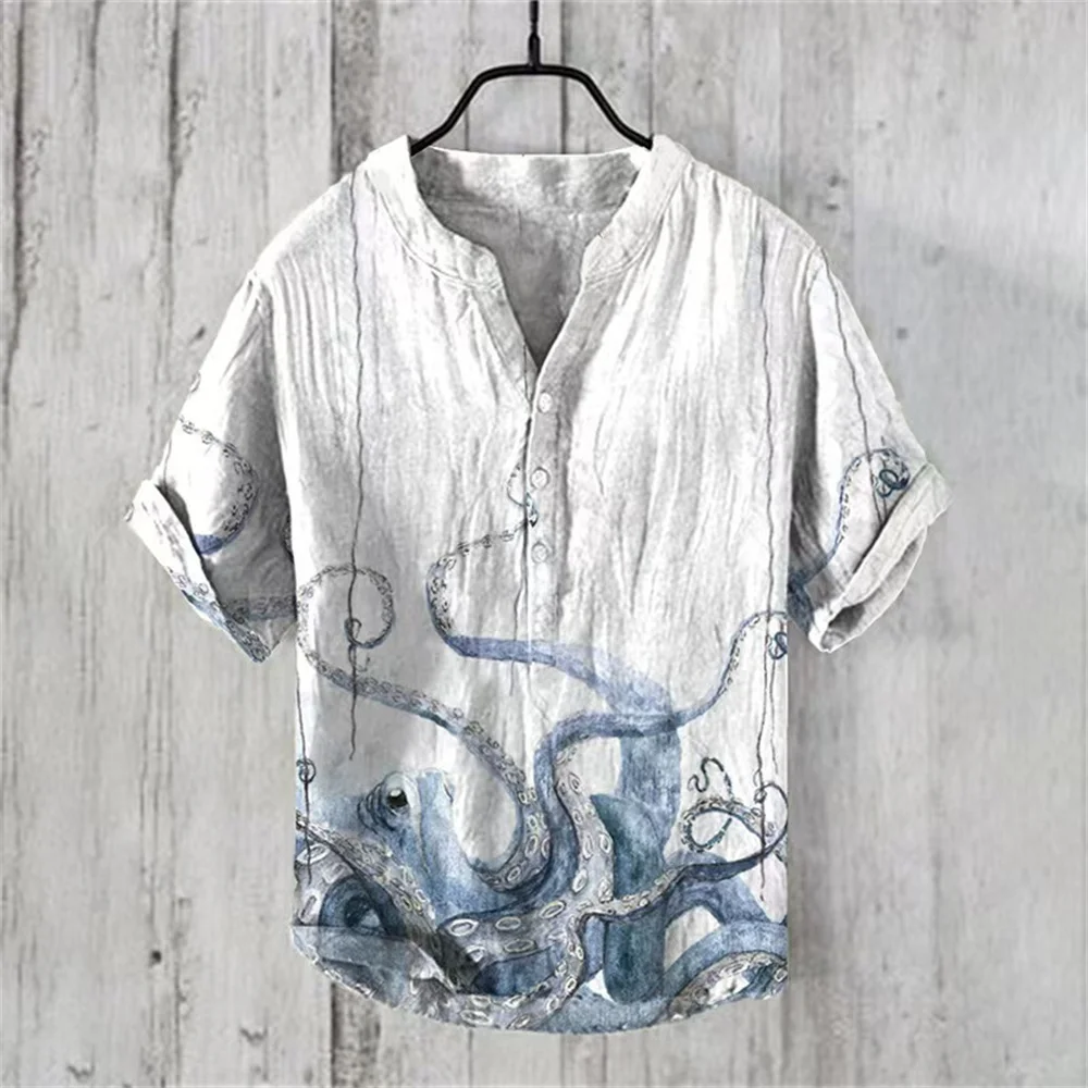 New comfortable fabric short sleeve V-neck octopus shirt popular in Europe and America men's 3 button linen top