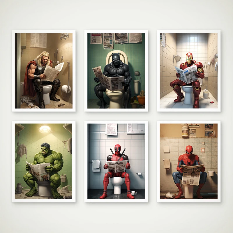 Marvel Superhero Comics Art Prints Hulk Deadpool Ironman Spiderman Black Panther Thor Canvas Painting Funny Bathroom Wall Decor