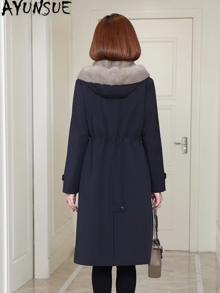 AYUNSUE 天然ミンクの毛皮のコート女性の冬服ミッドレングスパーカーライナー取り外し可能なリアルファーコートレディースコートПальто Женское