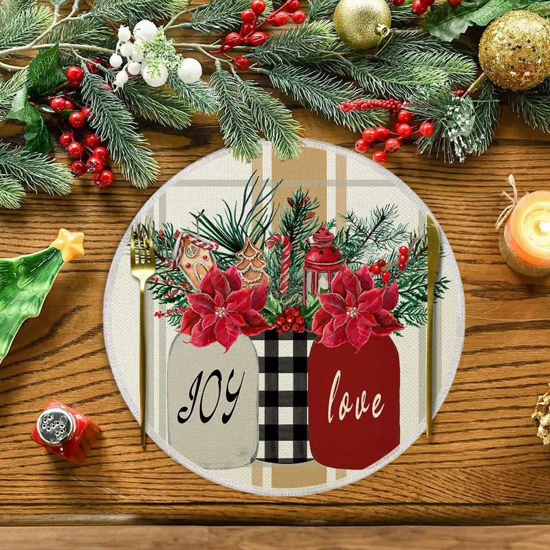 Red And Black Water Buffalo Grid Circular Christmas Placemat, Wear-Resistant Plate Mat, Home Dining Table Decoration Placemat