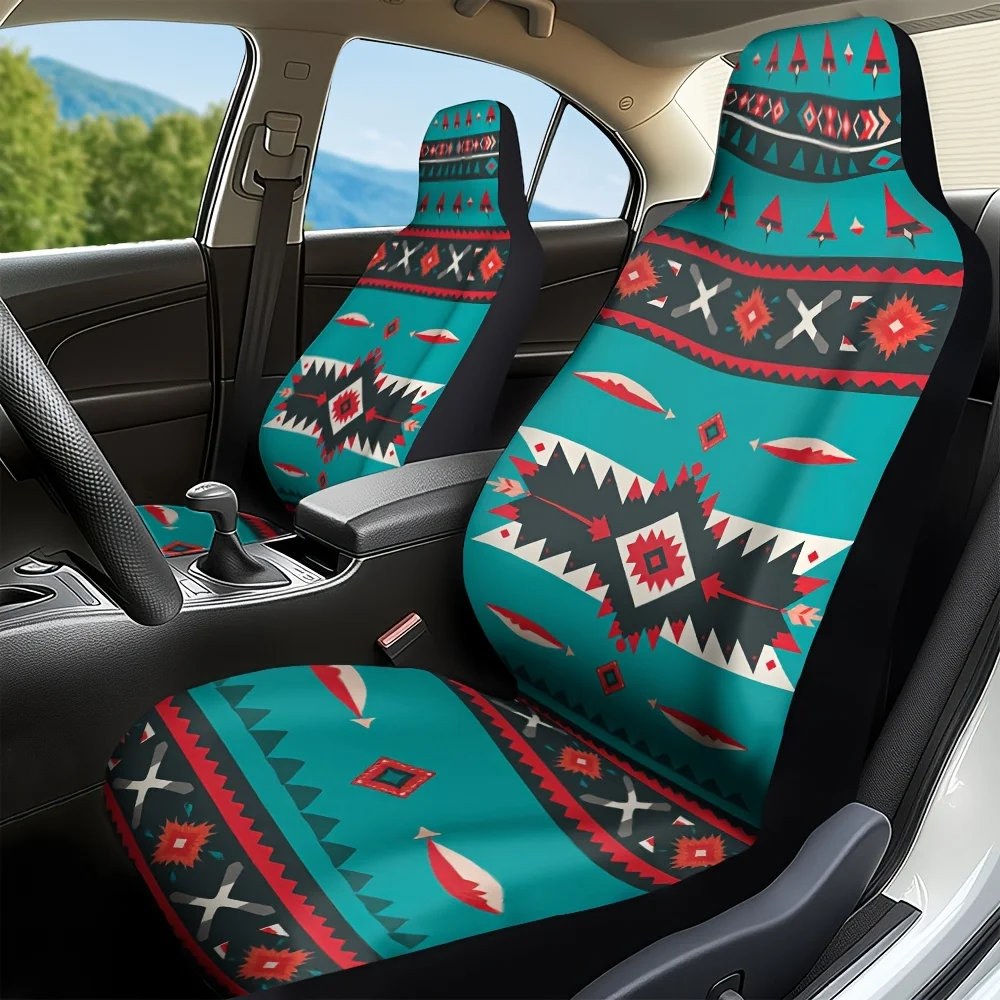 2pcs Aztec Tribal Feather Print Car Seat Covers - Vibrant Teal & Red Design, Machine Washable, Fit For Most Sedans & Trucks, Sty