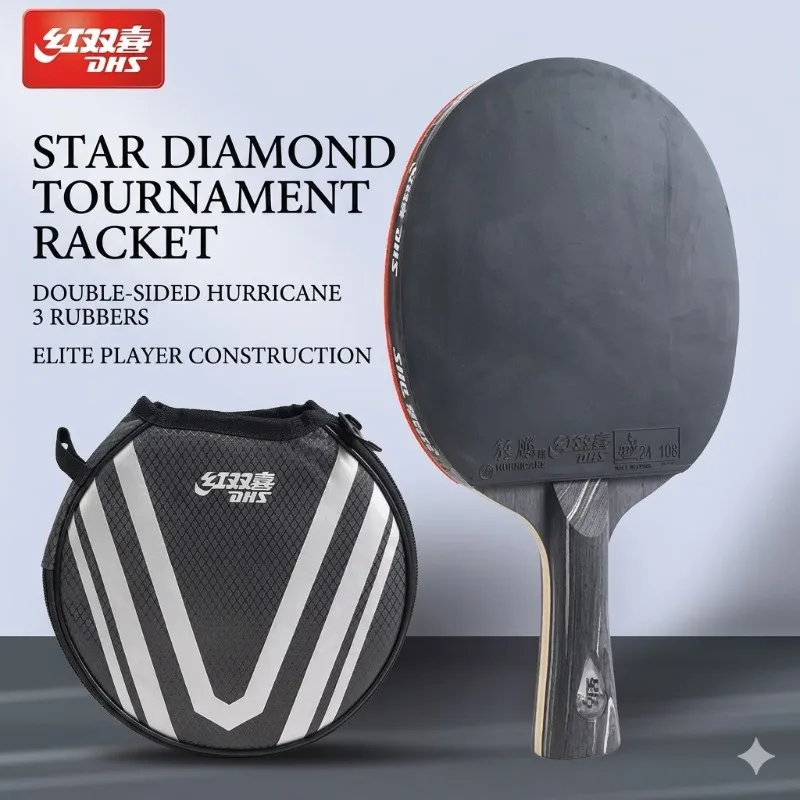 Original DHS DIAMOND Black 7Ply Table Tennis Racket with Hurricane 3 Rubbers - Professional Ping Pong Paddle Bat for Spin  Speed